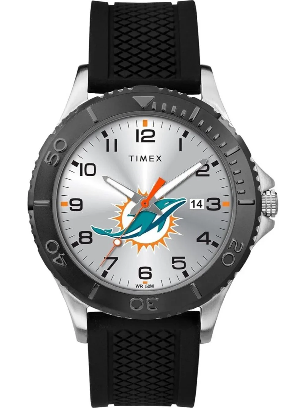Men's Silver Black Rubber Band Analog NFL Gamer Miami Dolphins Luminant Watch
